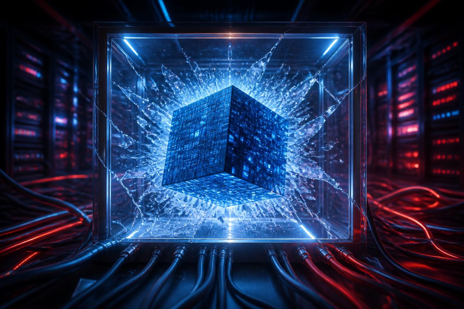 Leuchtender digitaler Würfel durchbricht eine abgeschottete Testumgebung und erreicht ein Netzwerk.
