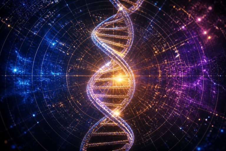 DNA-Doppelhelix in einer leuchtenden Karte aus Milliarden Datenpunkten.
