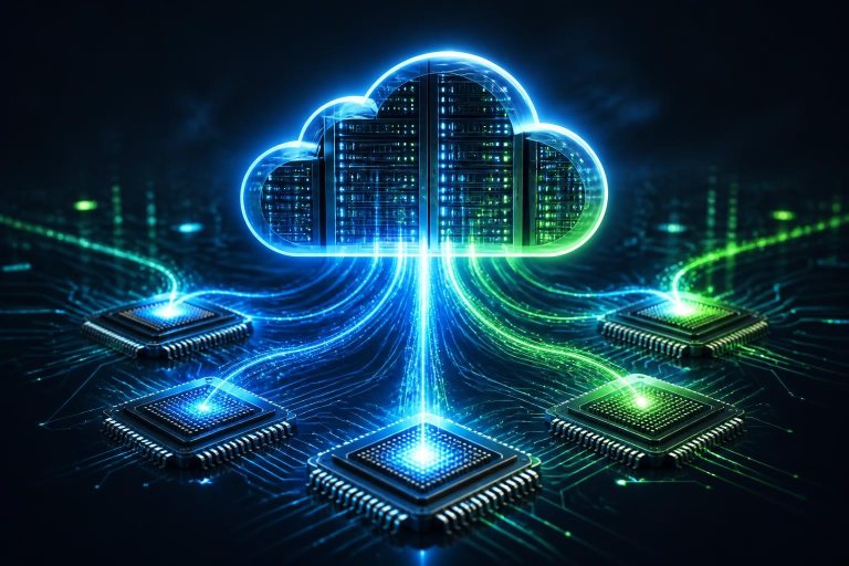 Futuristische Rechenchips sind durch optische Lichtströme mit einer Serverwolke verbunden.