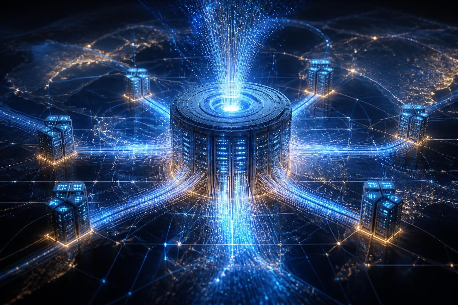 Abstraktes globales Speichersystem mit leuchtenden Datenströmen und Serverknoten.