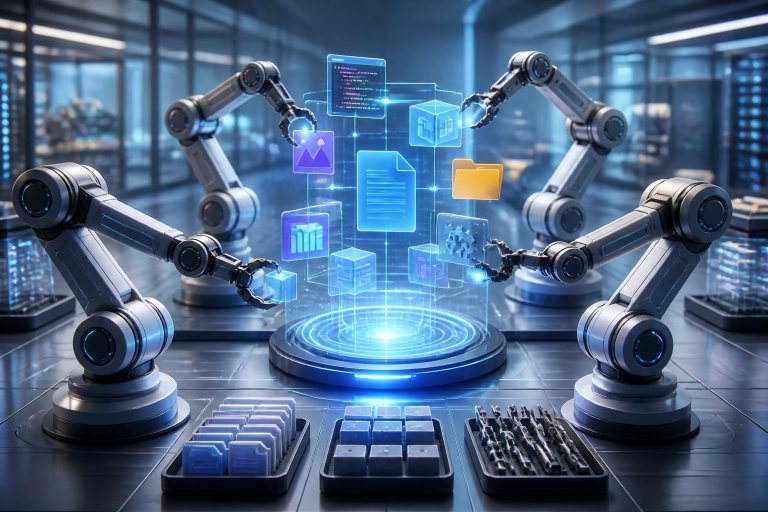 Abstrakte digitale Agenten koordinieren Code, Dateien und Werkzeuge in einer futuristischen Arbeitsumgebung.