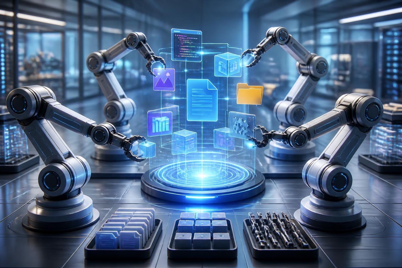 Abstrakte digitale Agenten koordinieren Code, Dateien und Werkzeuge in einer futuristischen Arbeitsumgebung.