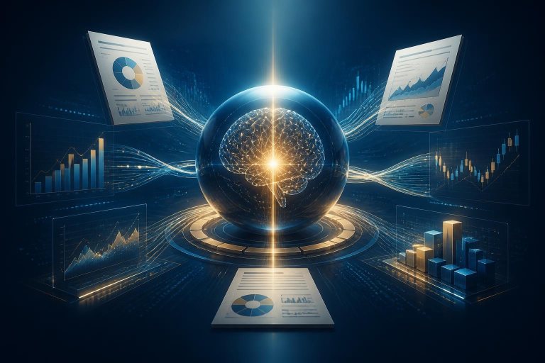 Abstrakter KI-Kern verbindet Finanzdiagramme, Dokumente und Analysepfade.
