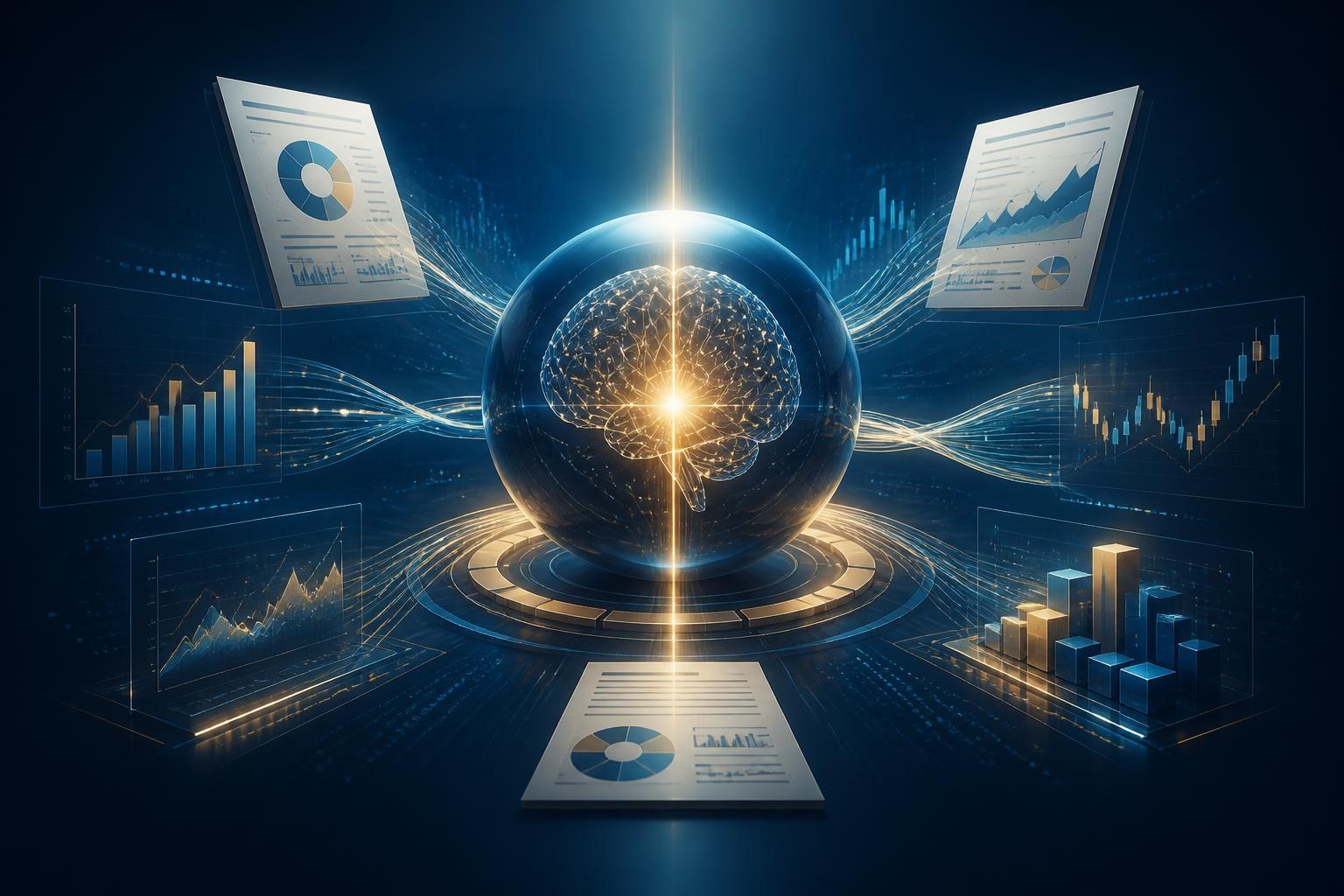 Abstrakter KI-Kern verbindet Finanzdiagramme, Dokumente und Analysepfade.