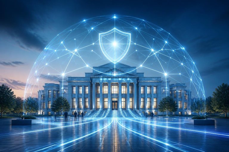 Abstraktes Verwaltungsgebäude mit sicherem digitalem Netzwerk.