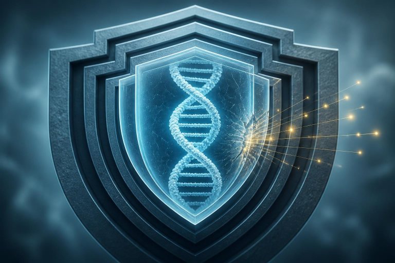 Abstrakte Darstellung von Sicherheitslücken bei KI-Anfragen zur biologischen Forschung.