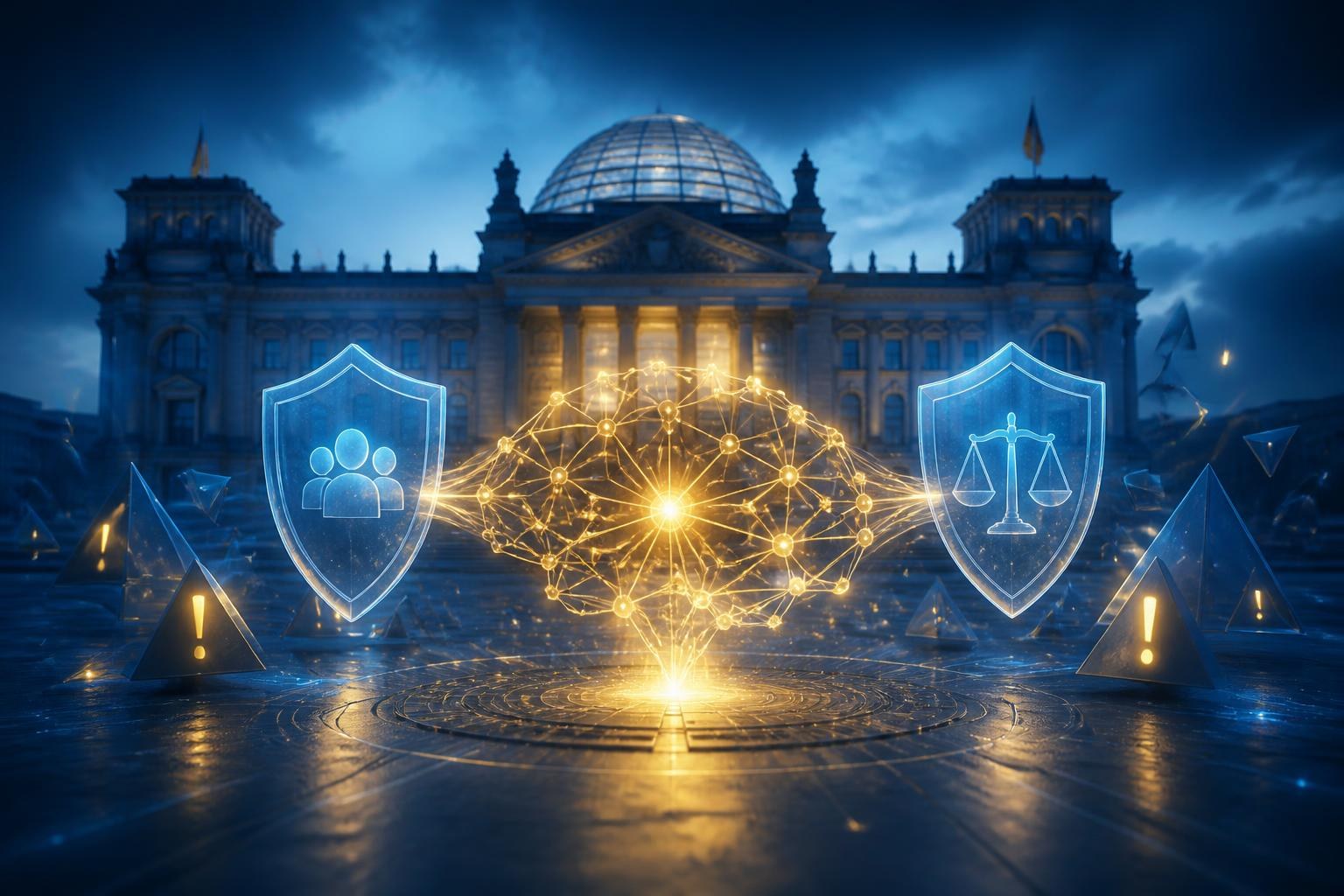 Abstraktes KI-Netzwerk zwischen Parlament und Schutzschilden.