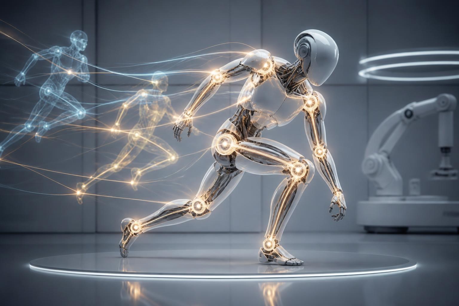 Leuchtende Bewegungsdaten formen einen abstrakten Roboter.