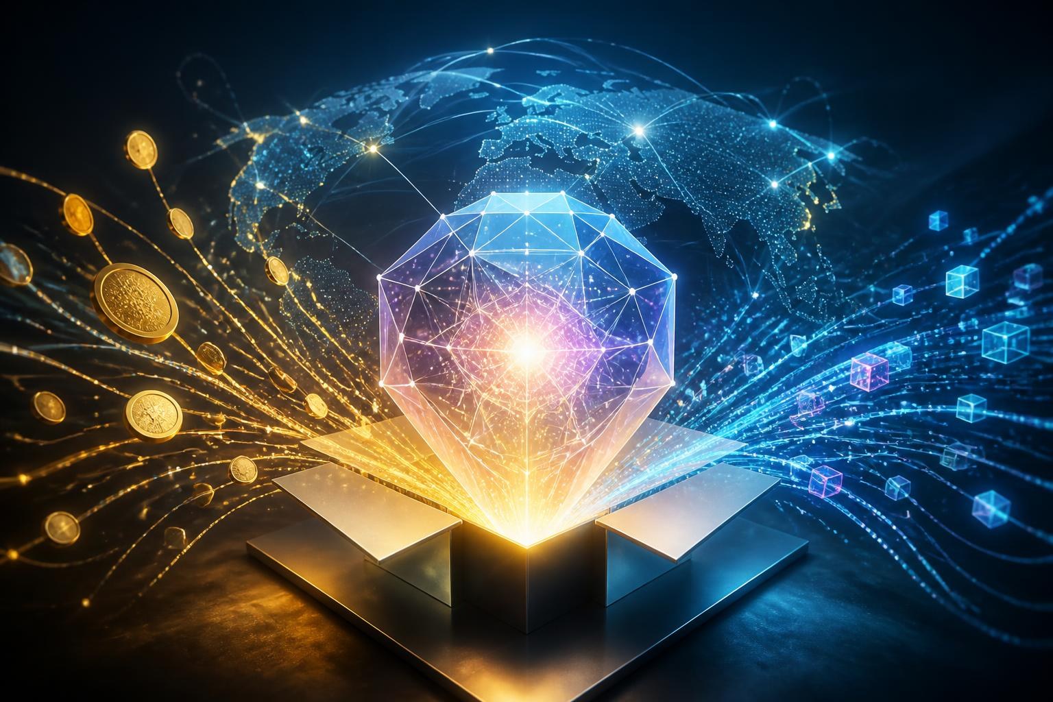 Offenes KI-Modell zwischen Datenströmen und Wirtschaftssymbolen.