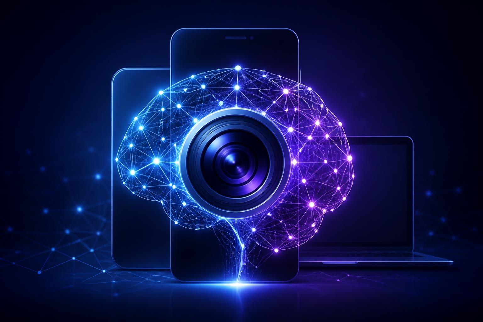 Abstrakte Smartphone-Kamera, die mit einem leuchtenden neuronalen Netzwerk verschmilzt.