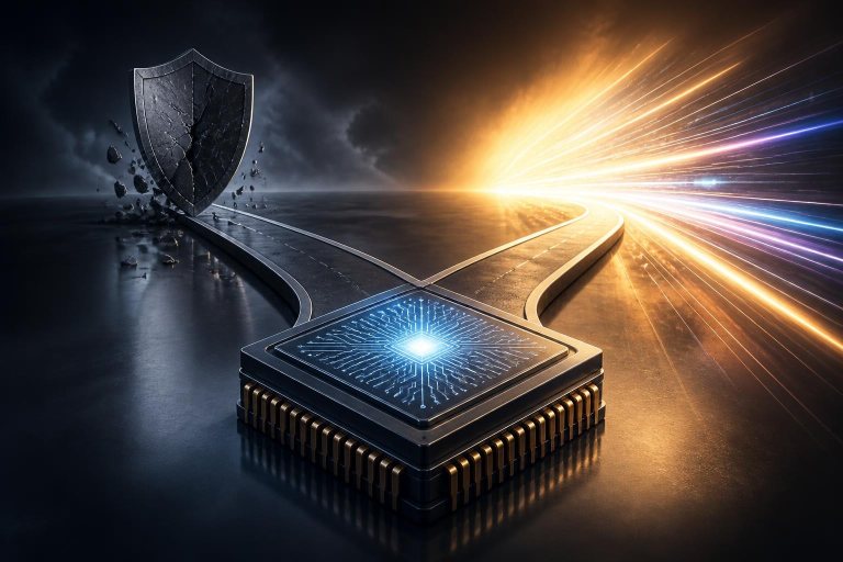 Abstrakter KI-Chip zwischen Bremsschild und beschleunigendem Lichtstrom.