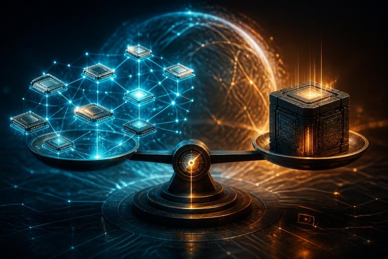 Verschiedene KI-Chips sind durch ein offenes leuchtendes Netzwerk verbunden.