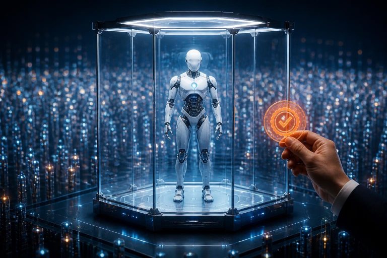 Ein autonomer KI-Agent wird in einem transparenten Prüfkäfig von Kontrollsystemen überwacht.