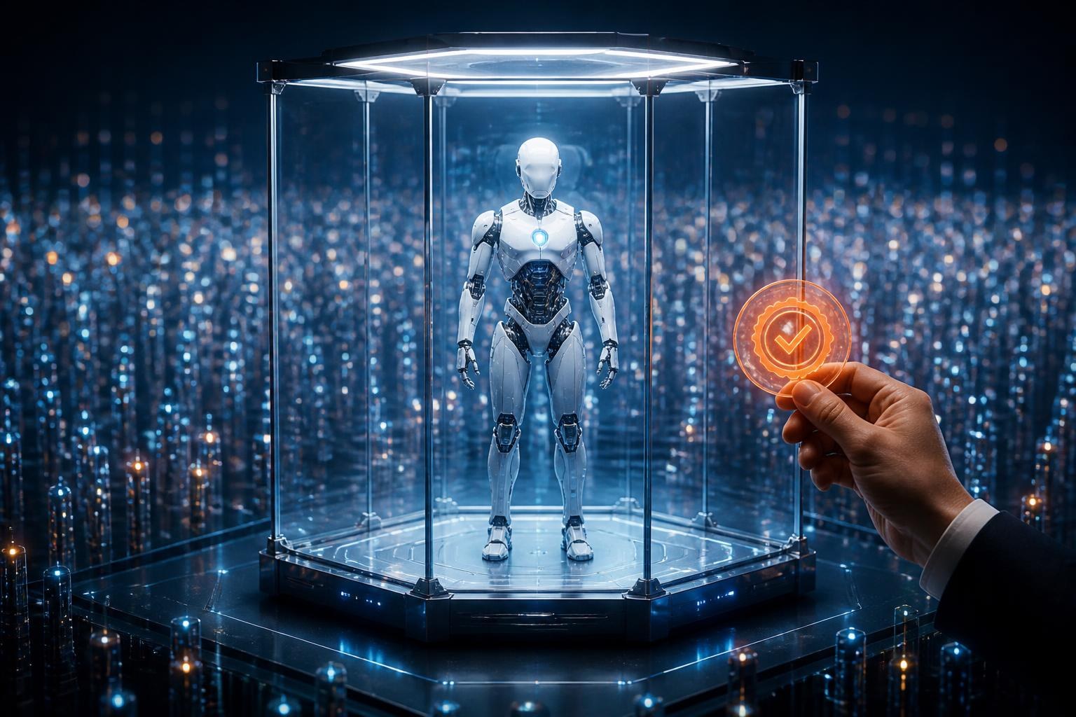 Ein autonomer KI-Agent wird in einem transparenten Prüfkäfig von Kontrollsystemen überwacht.
