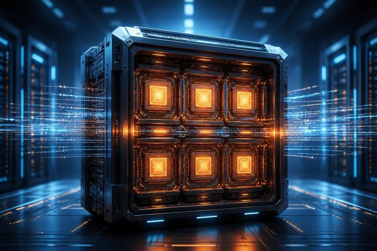 Futuristischer Server mit mehreren leistungsstarken KI-Chips
