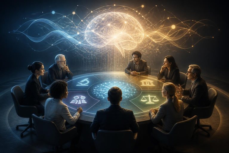 Symbolischer interdisziplinärer Forschungstisch zur Zukunft künstlicher allgemeiner Intelligenz