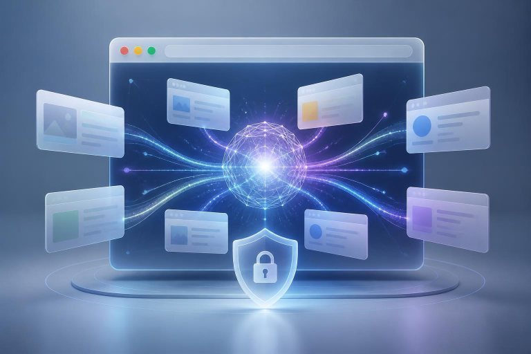 Abstrakter Browserassistent mit Suchpfaden und schwebenden Seitenkarten