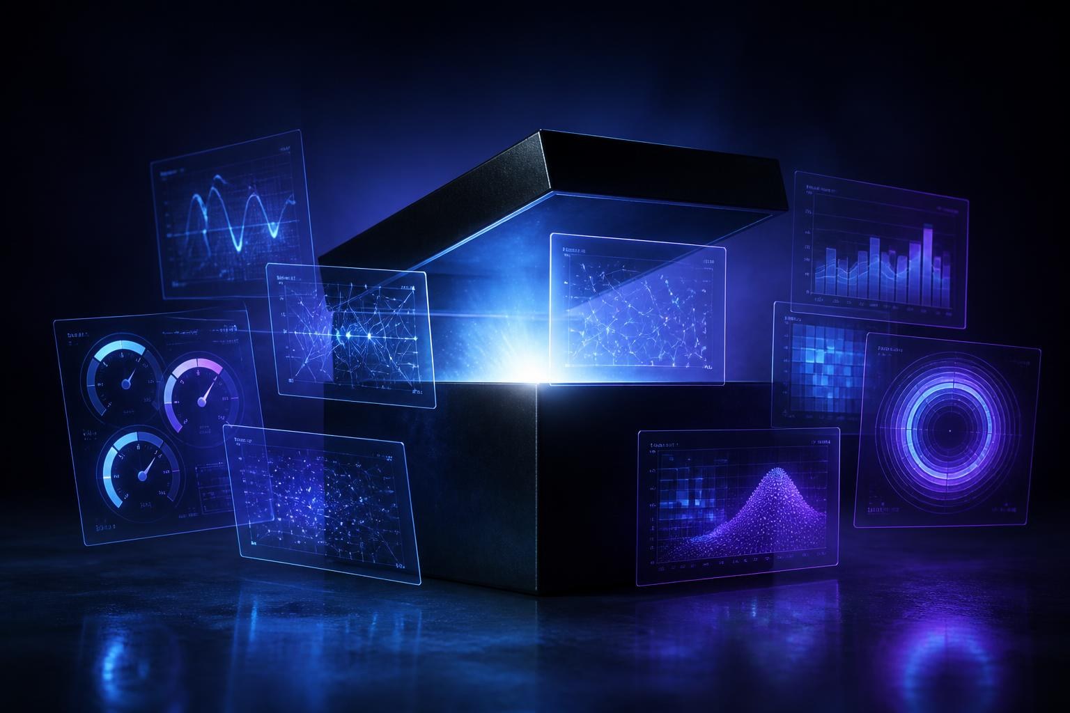 Leuchtende Messinstrumente öffnen symbolisch eine Blackbox für die Bewertung von KI-Fortschritt.