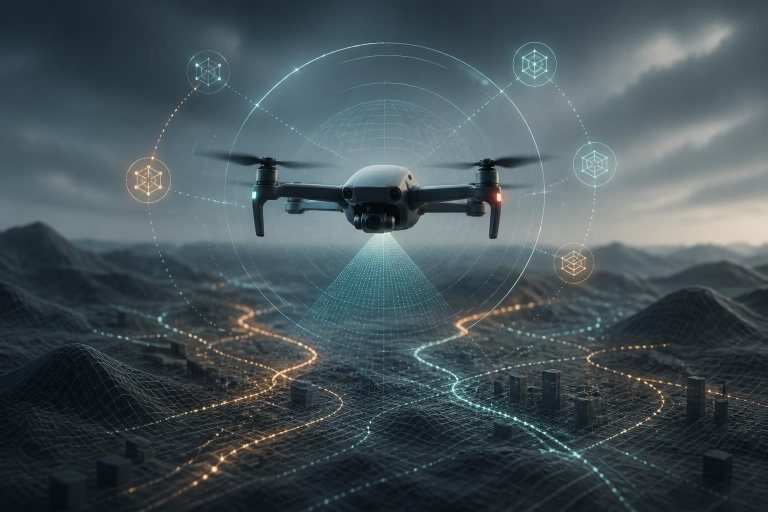 Eine autonome Drohne wertet symbolisch Sensordaten über einer abstrakten Landschaft aus.
