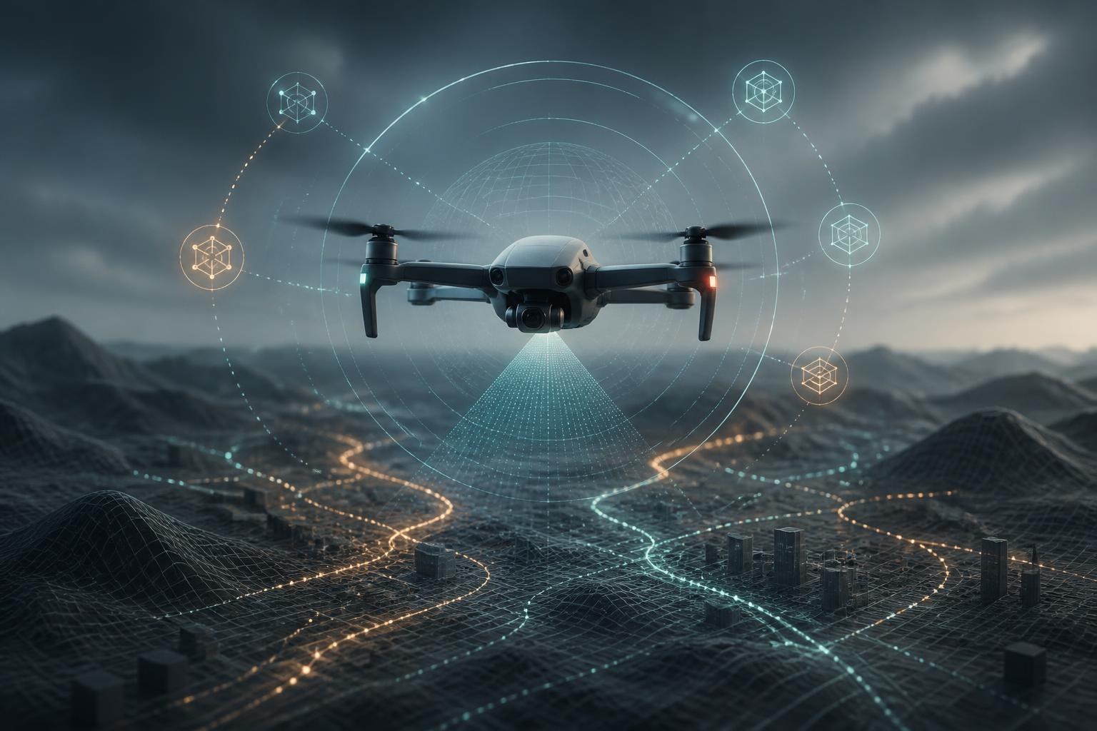 Eine autonome Drohne wertet symbolisch Sensordaten über einer abstrakten Landschaft aus.