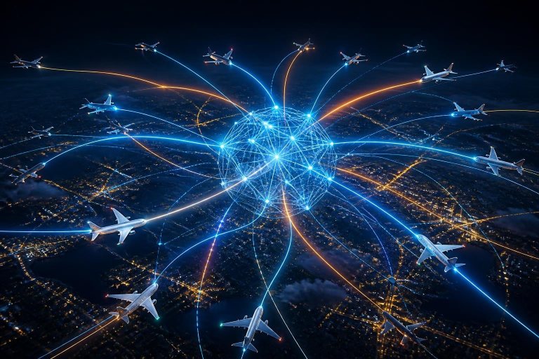 Leuchtende Flugbahnen über einer Stadt werden von einem abstrakten KI-Netz geordnet.
