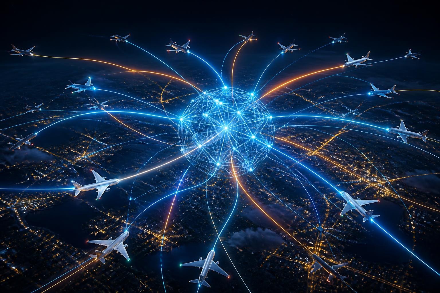Leuchtende Flugbahnen über einer Stadt werden von einem abstrakten KI-Netz geordnet.