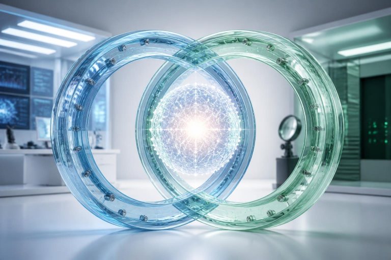 Transparente Prüfringe um einen leuchtenden abstrakten KI-Kern symbolisieren unabhängige Sicherheitsprüfungen.