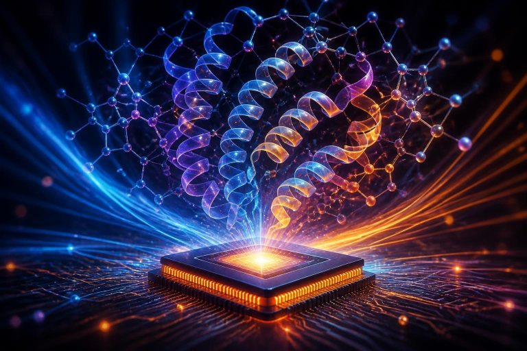 Abstrakte Proteinstruktur und Molekülnetz über einem leuchtenden Rechenchip.