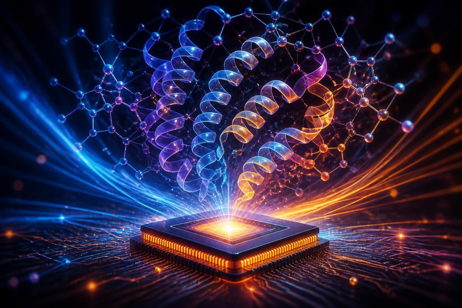 Abstrakte Proteinstruktur und Molekülnetz über einem leuchtenden Rechenchip.
