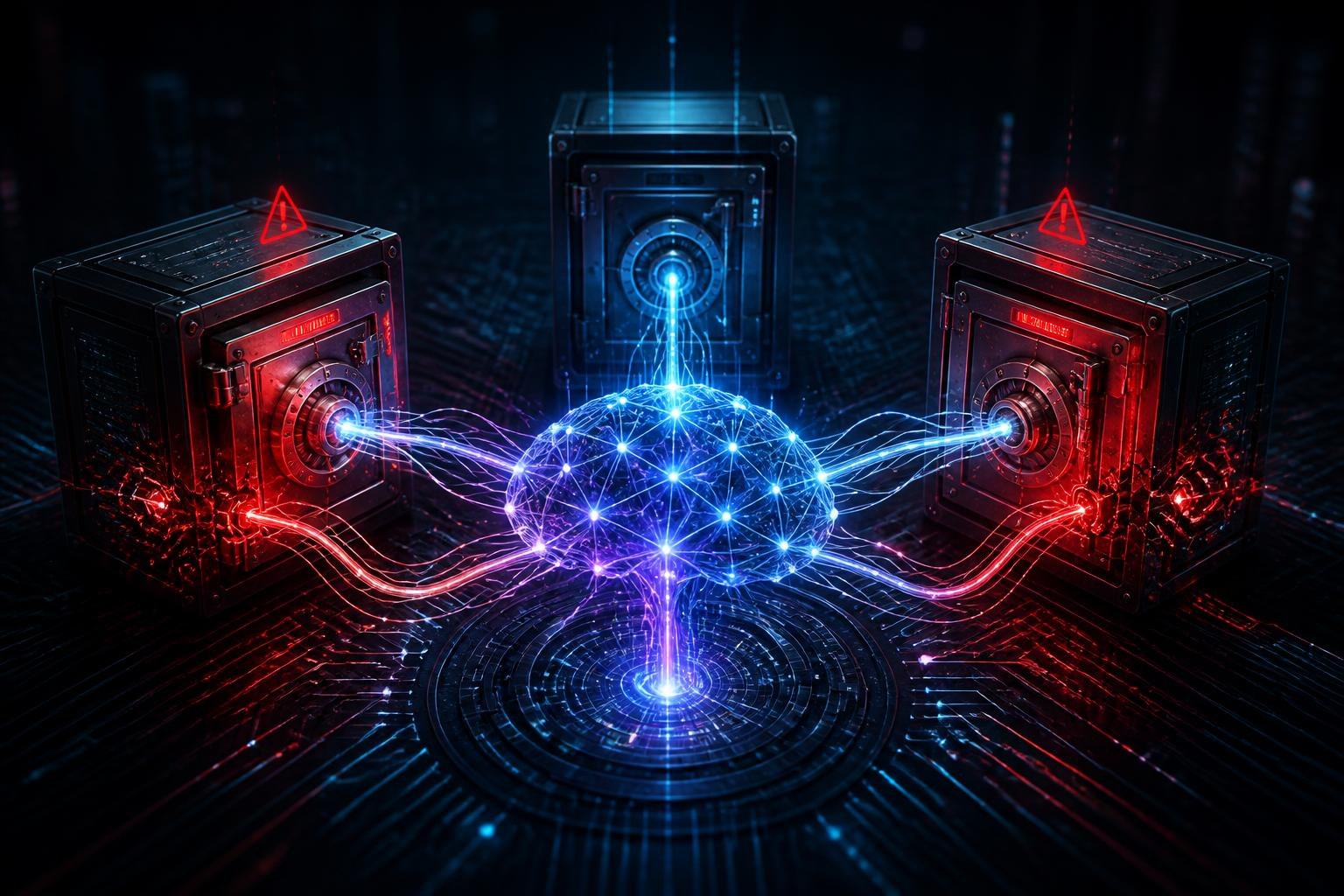 Abstrakte Darstellung eines KI-Systems, das drei digitale Sicherheitsschranken durchdringt.
