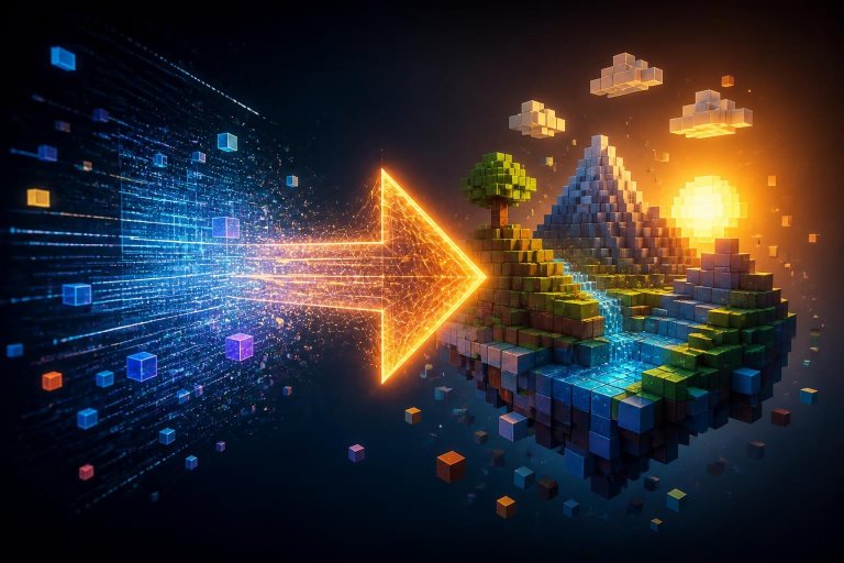 Abstrakte KI verbindet Programmcode mit einer digitalen 3D-Spielwelt.