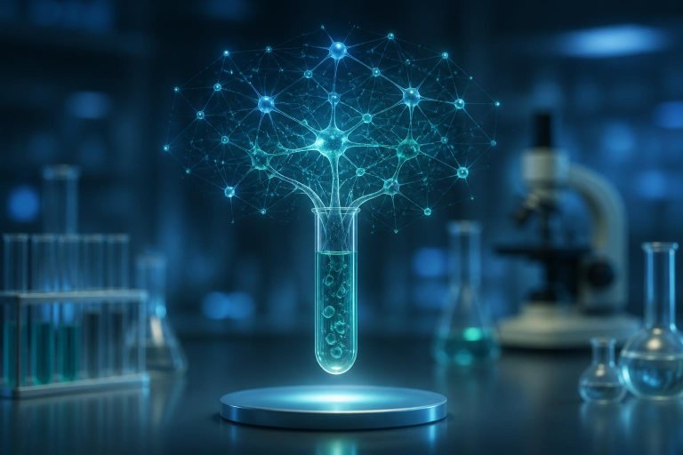 Ein neuronales Netzwerk verschmilzt symbolisch mit einem Reagenzglas im Labor.