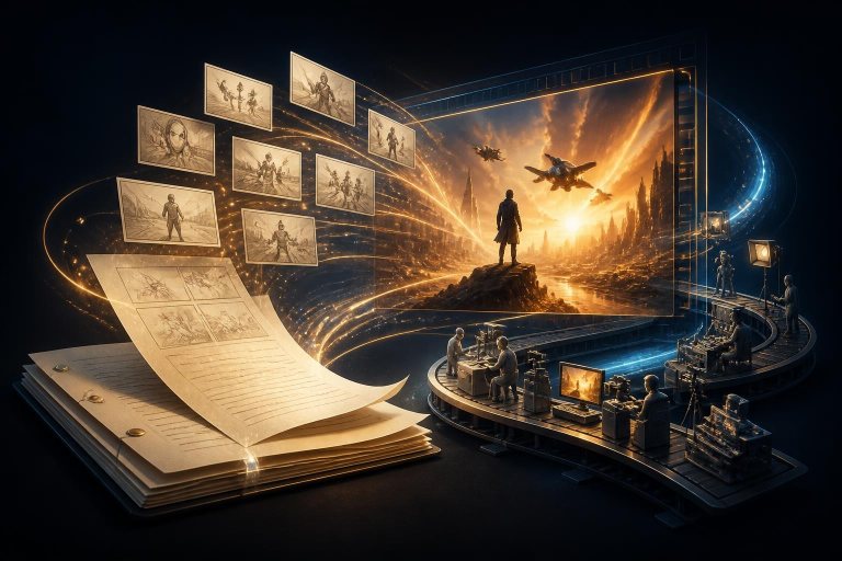 Ein Drehbuch verwandelt sich symbolisch in eine automatisierte Filmproduktion.