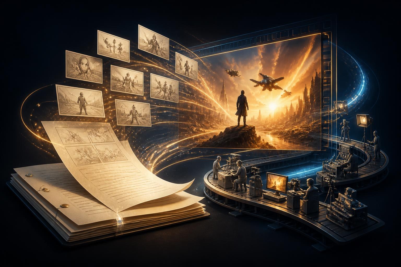 Ein Drehbuch verwandelt sich symbolisch in eine automatisierte Filmproduktion.