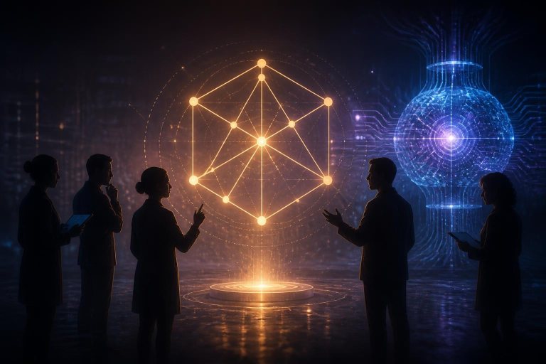 Ein mathematisches Beweisdiagramm schwebt zwischen Wissenschaft und künstlicher Intelligenz.