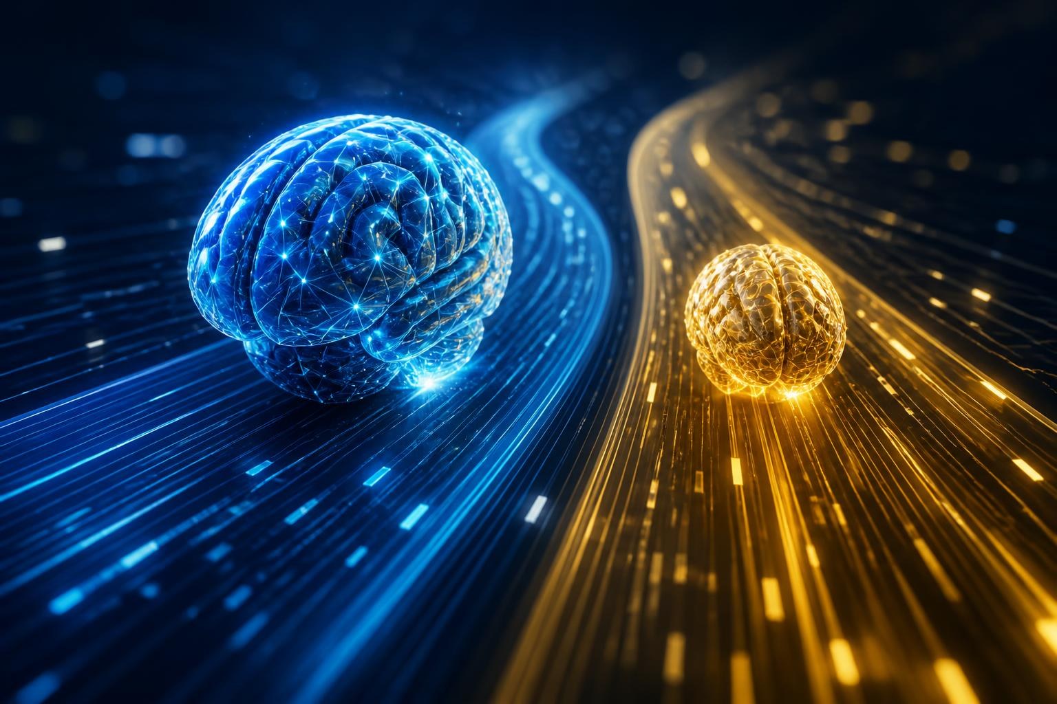 Zwei abstrakte KI-Systeme für komplexe und schnelle Aufgaben auf parallelen Datenbahnen.