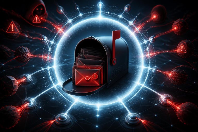 Abstrakte Darstellung eines KI-gestützten Cyberangriffs, der blockiert wird.