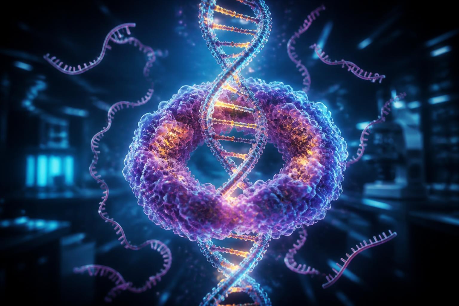 Leuchtende DNA mit einem neuartigen Enzymsystem in einem Forschungslabor.