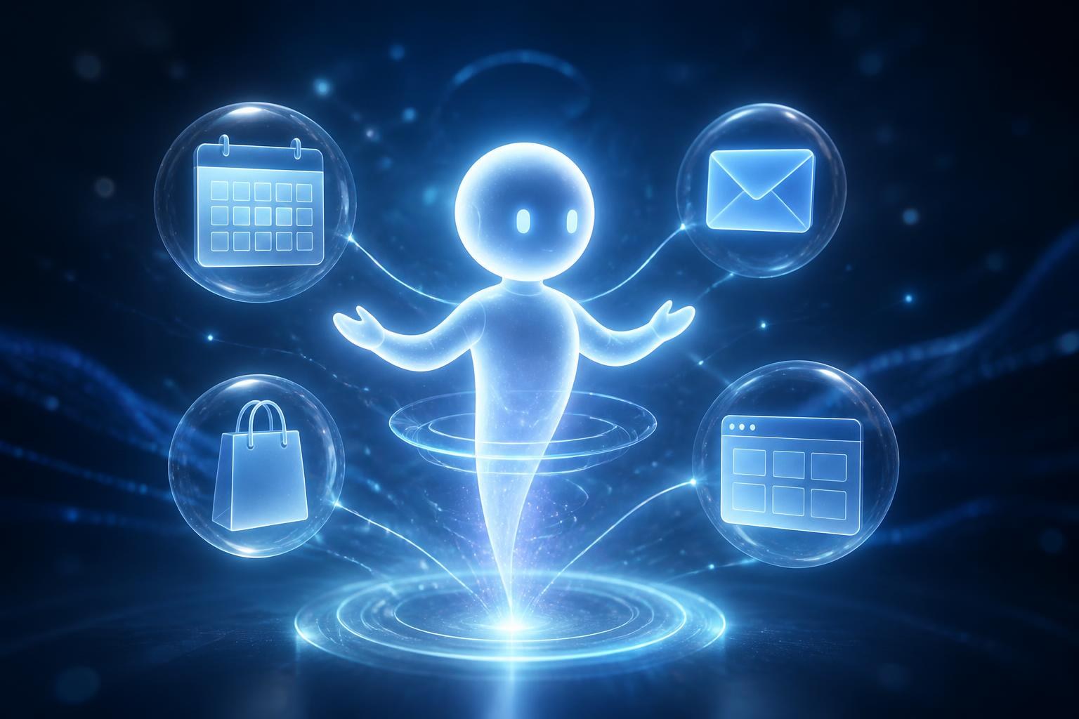 Abstrakter KI-Agent verbindet Computer, Kalender, E-Mail und Einkäufe.