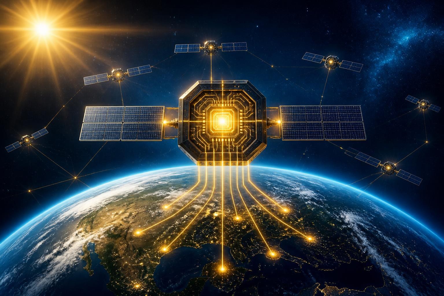 Symbolische Satelliten mit KI-Schaltkreisen über der Erde