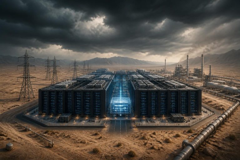 Symbolisches KI-Rechenzentrum mit Energieinfrastruktur in der Wüste