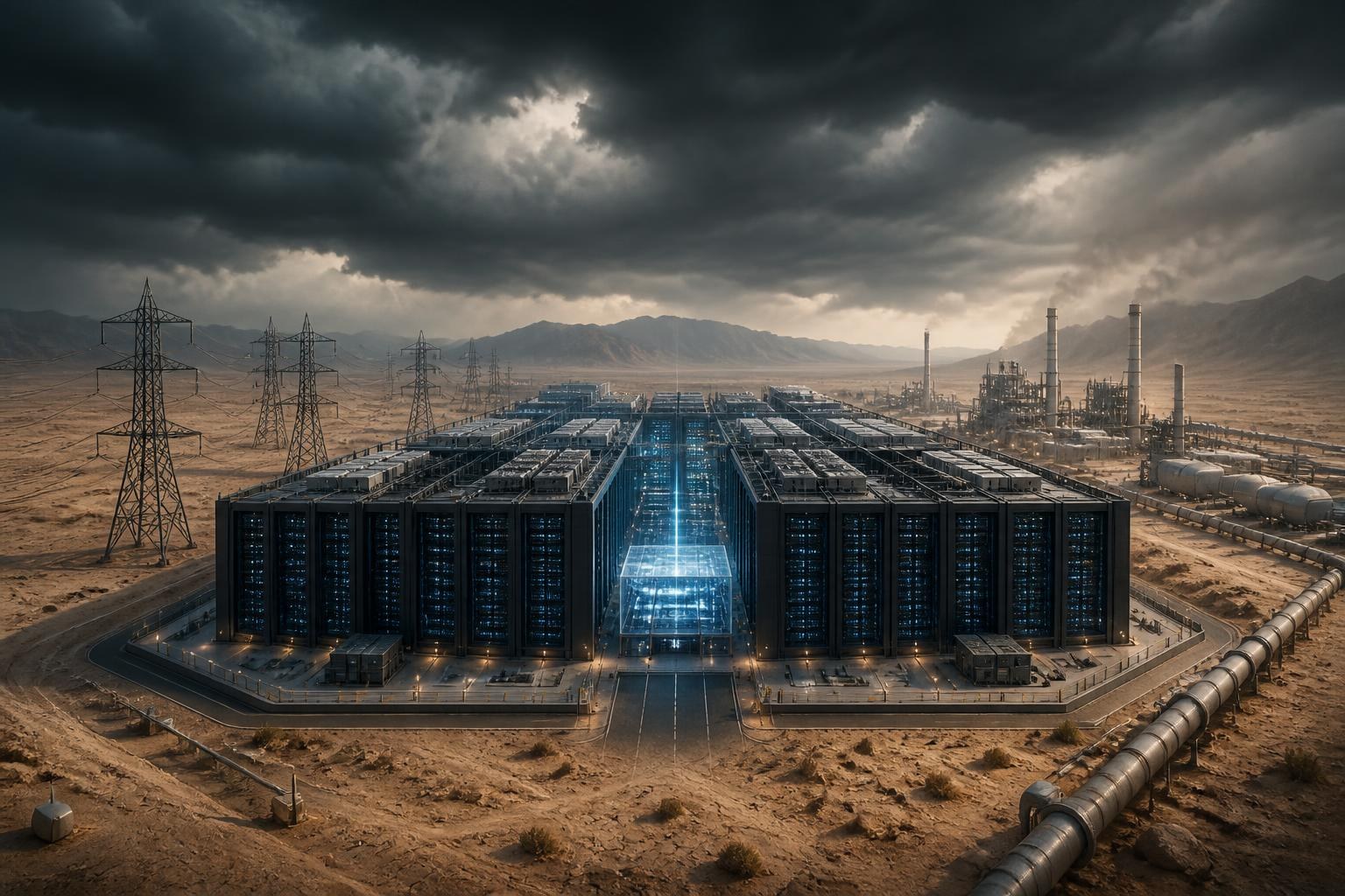 Symbolisches KI-Rechenzentrum mit Energieinfrastruktur in der Wüste