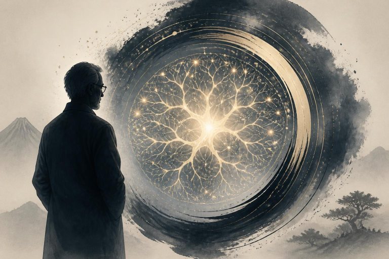 Symbolische Darstellung eines Forschers neben einem sich selbst verbessernden neuronalen Netzwerk