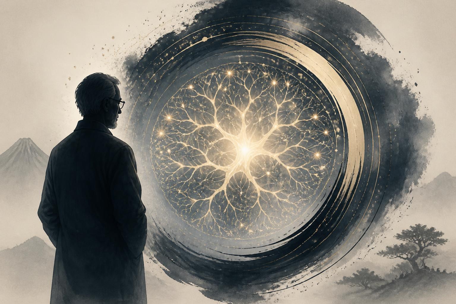 Symbolische Darstellung eines Forschers neben einem sich selbst verbessernden neuronalen Netzwerk