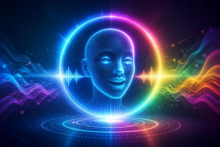Ein holografisches Gesicht spricht mit farbigen Sprachwellen.