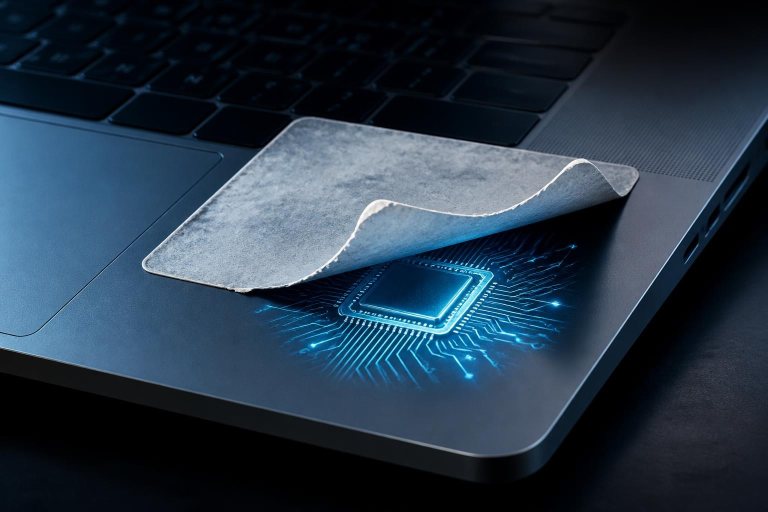 Ein verblassendes Etikett löst sich von einem Laptop mit leuchtenden KI-Schaltkreisen.