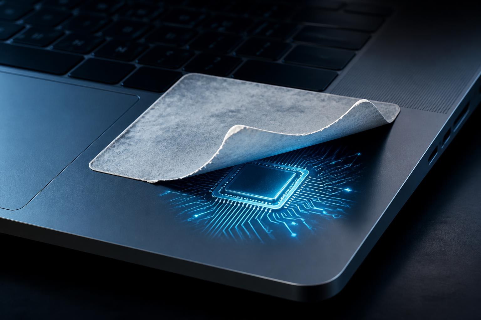 Ein verblassendes Etikett löst sich von einem Laptop mit leuchtenden KI-Schaltkreisen.