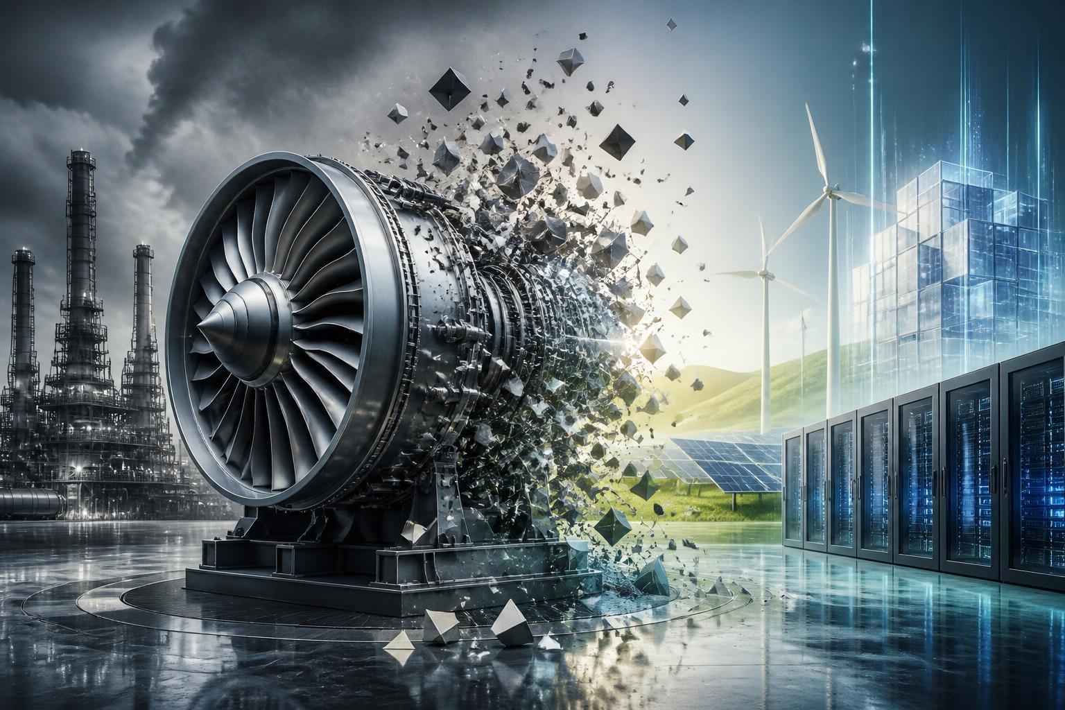 Eine abstrakte Gasturbine zerfällt vor einem KI-Rechenzentrum und alternativen Energiequellen.