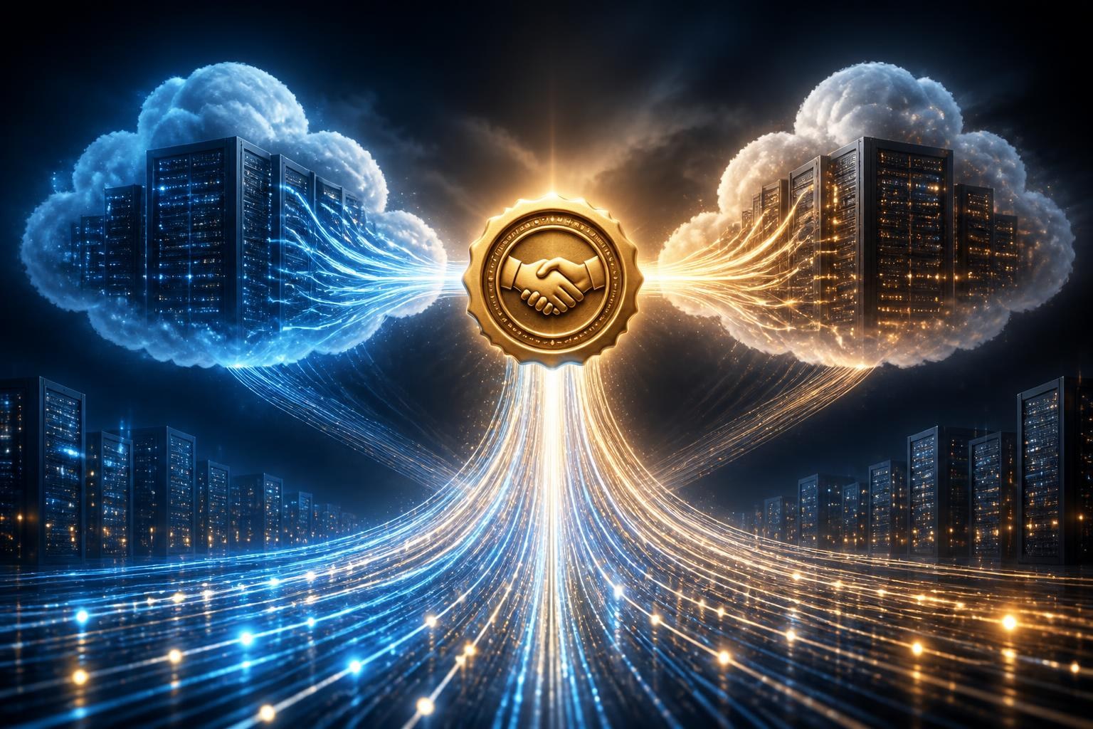 Datenstrom verbindet zwei abstrakte Cloud-Infrastrukturen.