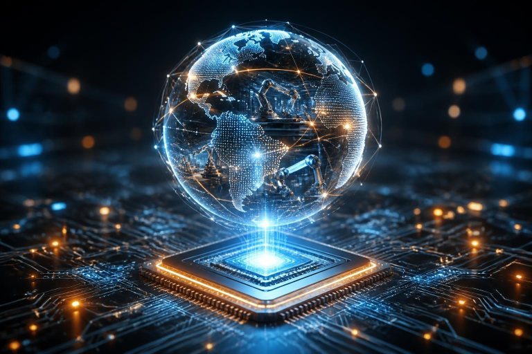 Leuchtendes Weltmodell schwebt über einem KI-Chip mit angedeuteten Robotikpfaden.